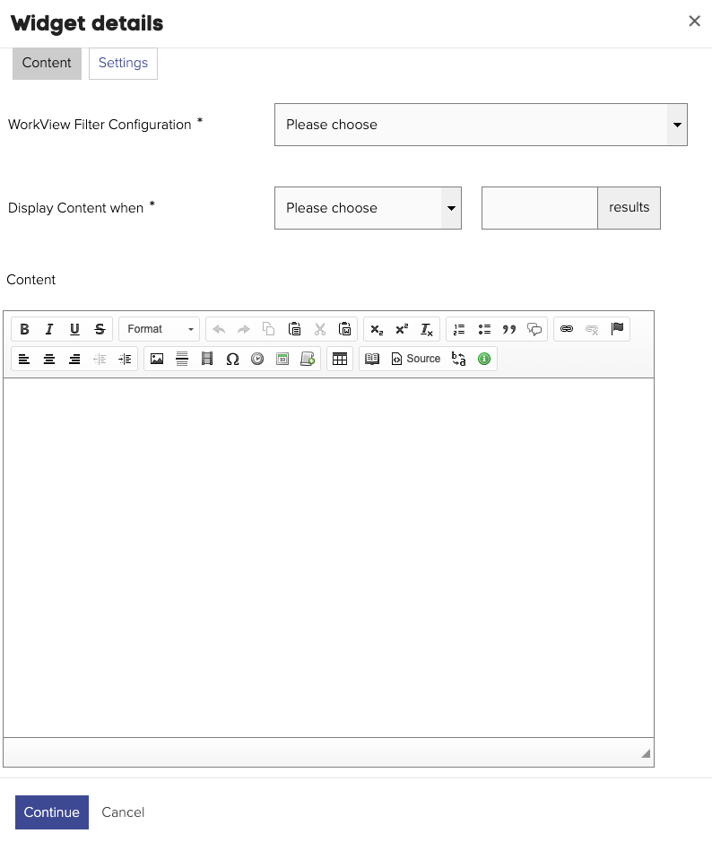 Configuring a WorkView Conditional Content widget