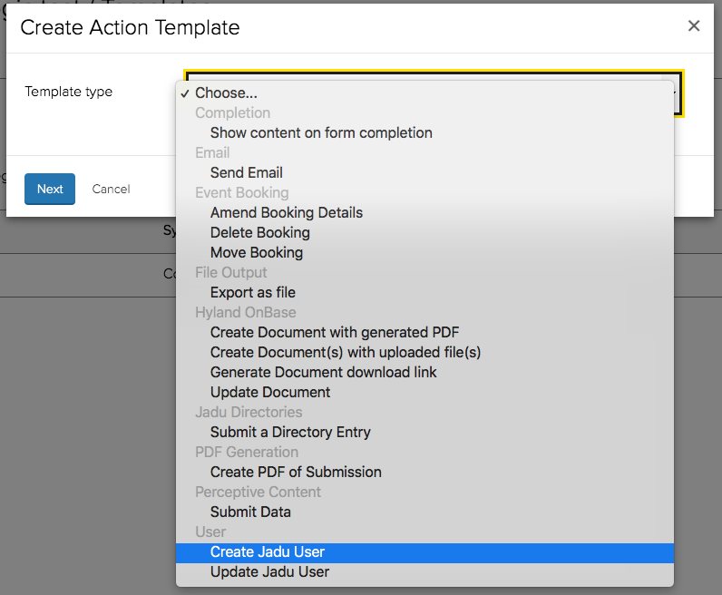 Selecting the 'Create User' Form Action