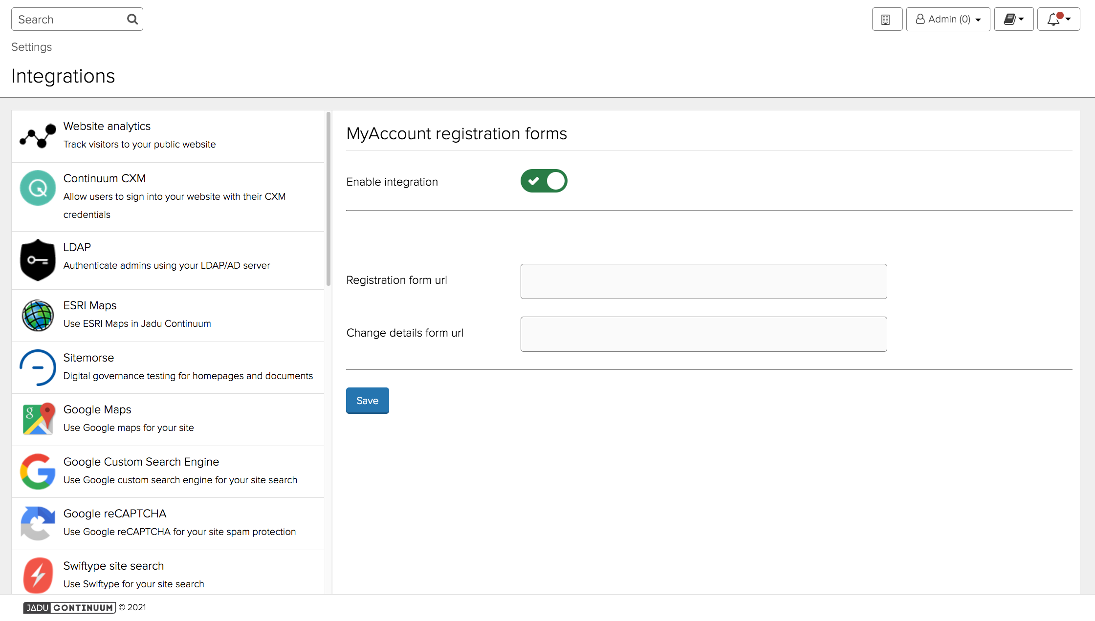 'MyAccount Registration Forms' settings