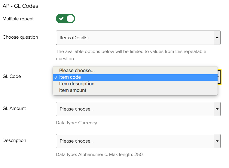 Mapping the repeatable question to an OnBase Multi-instance Keyword Group