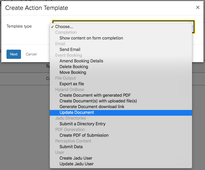 Selecting the 'Update Document' action