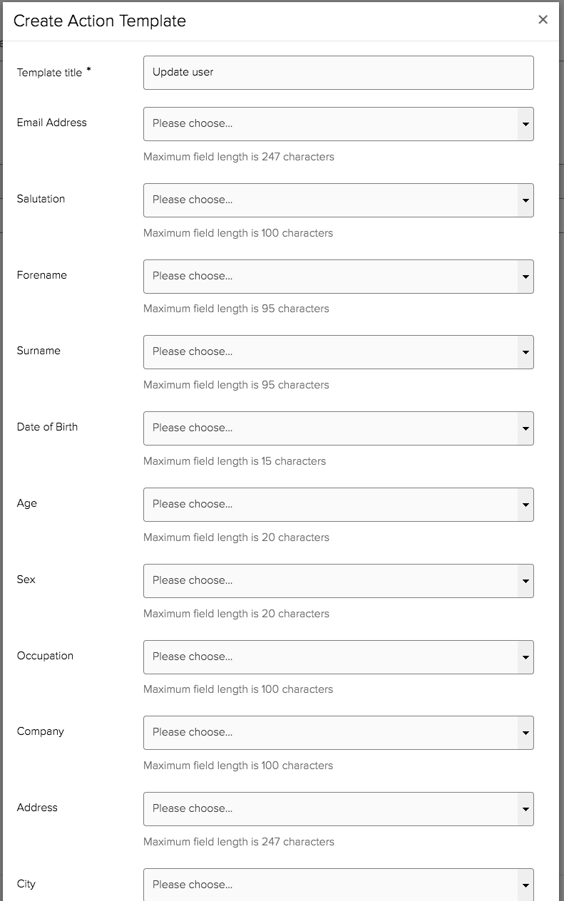 Configuring an 'Update User' Form template