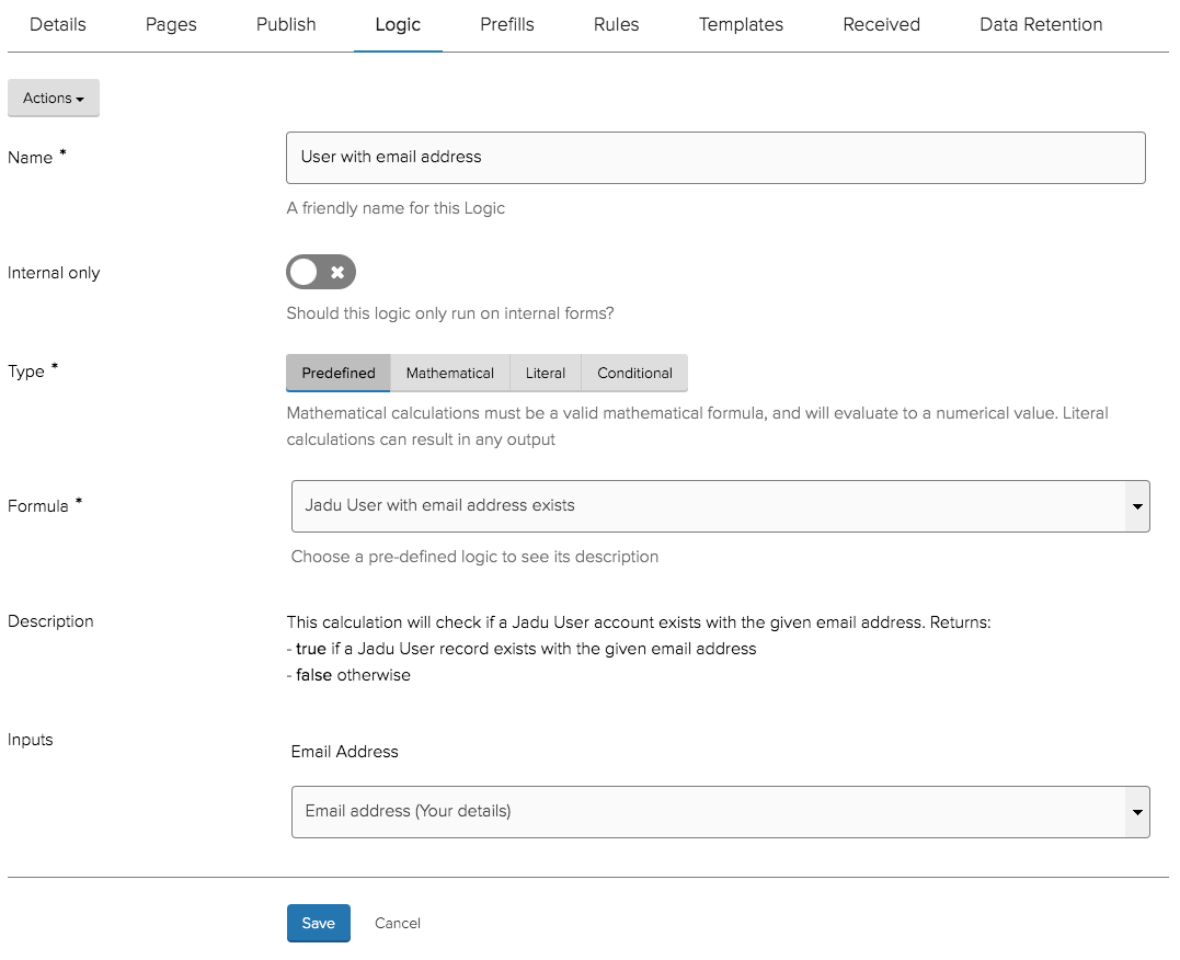 Configuring a 'Jadu User with email address exists' Form Logic