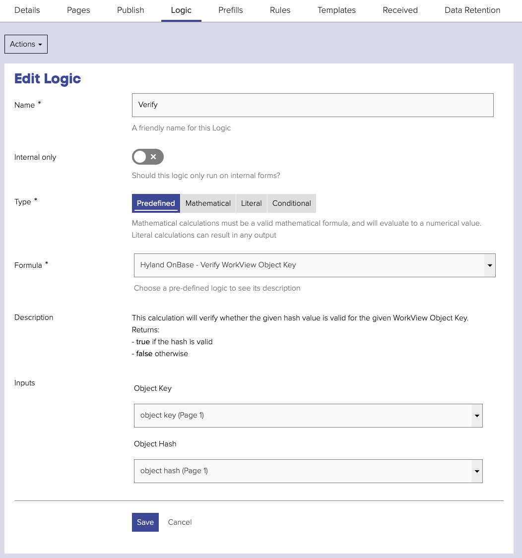 Configuring the 'Verify WorkView Object Key' Form Logic