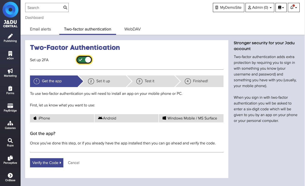 Two factor authentication area