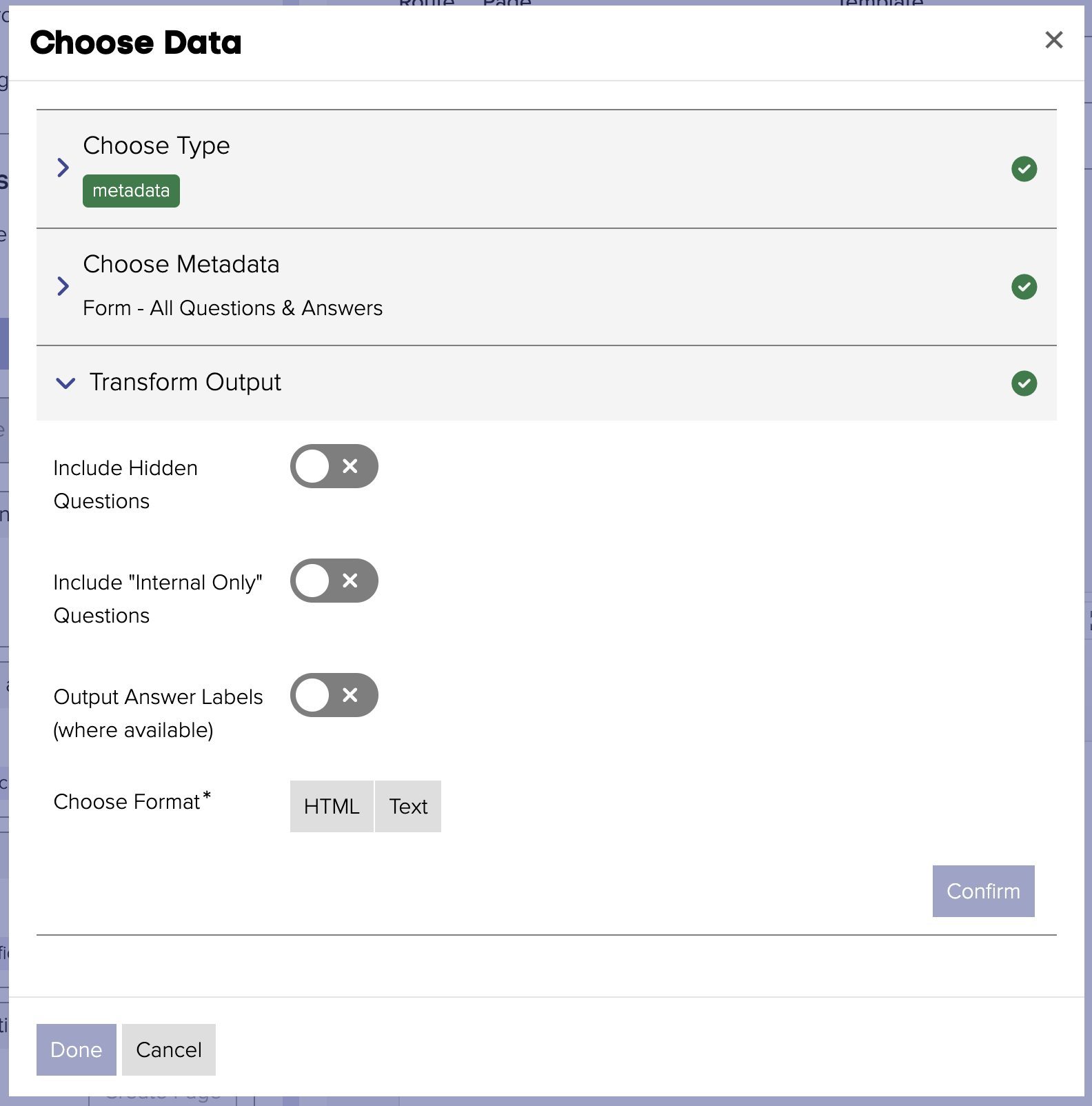 Screenshot of all questions and answers variable configuration options