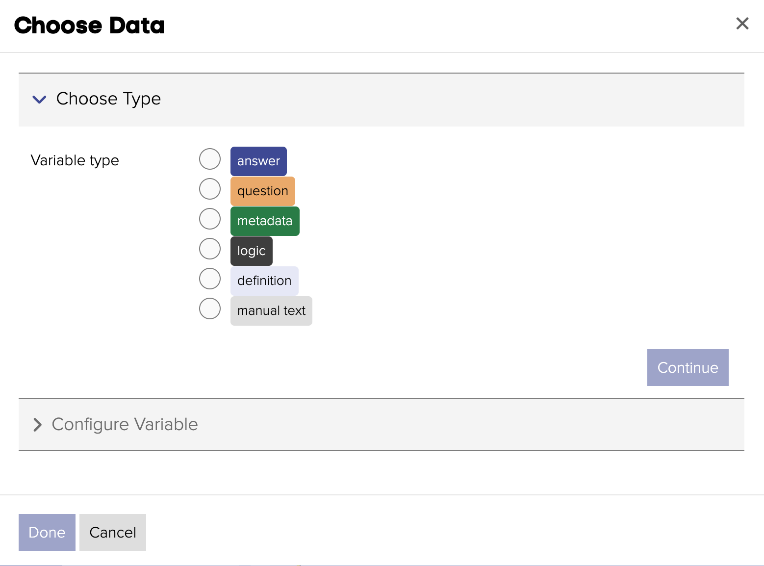 Screenshot of the Variable Picker modal