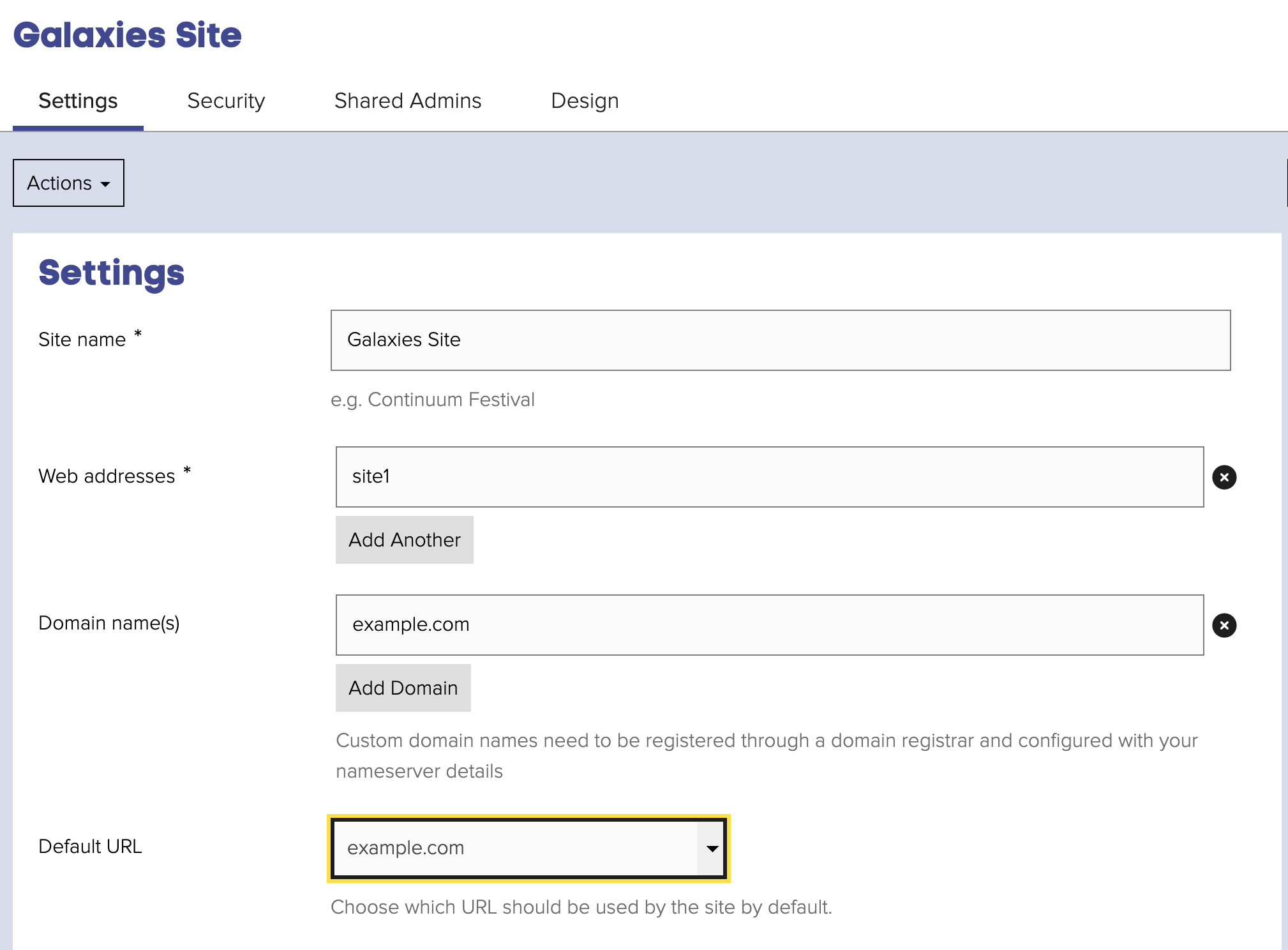 Screenshot of Galaxies site setup