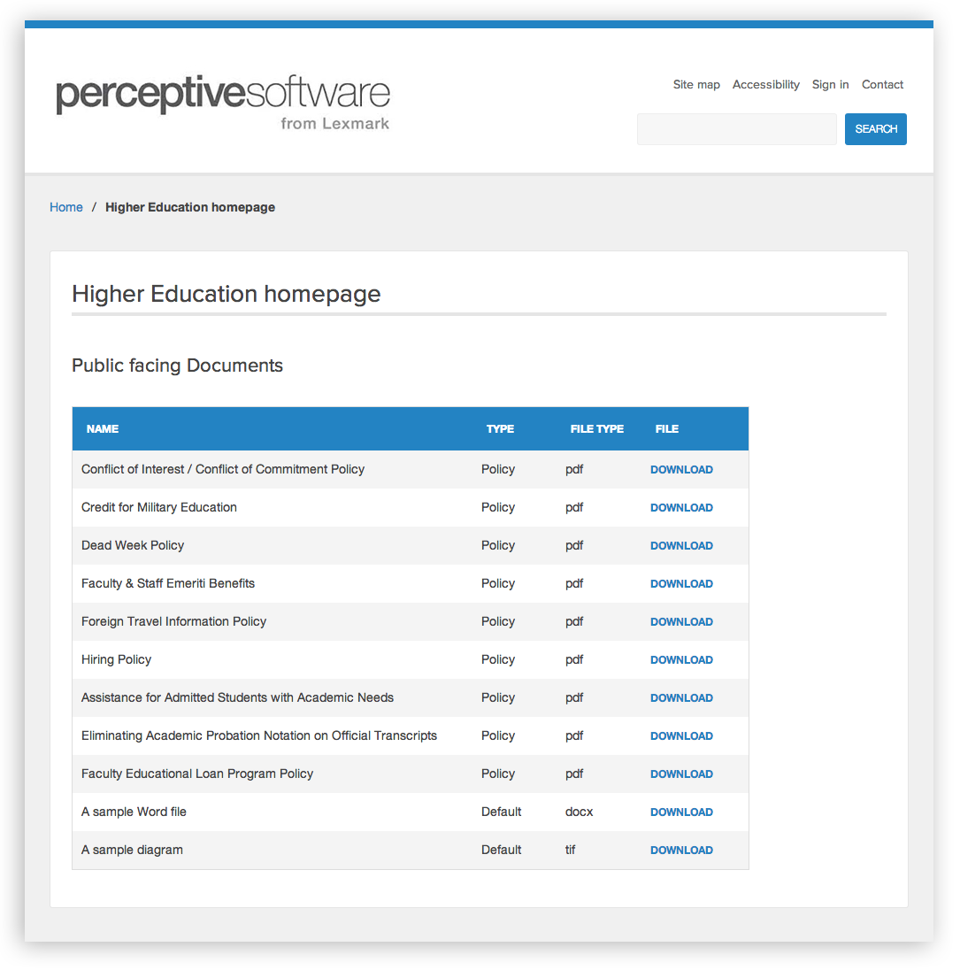 Resultant output from the “Perceptive Content - Views” Widget for a Public document access use case