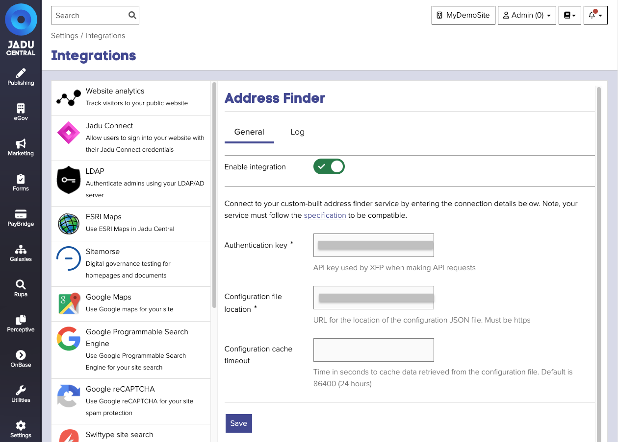 Address Finder configuration