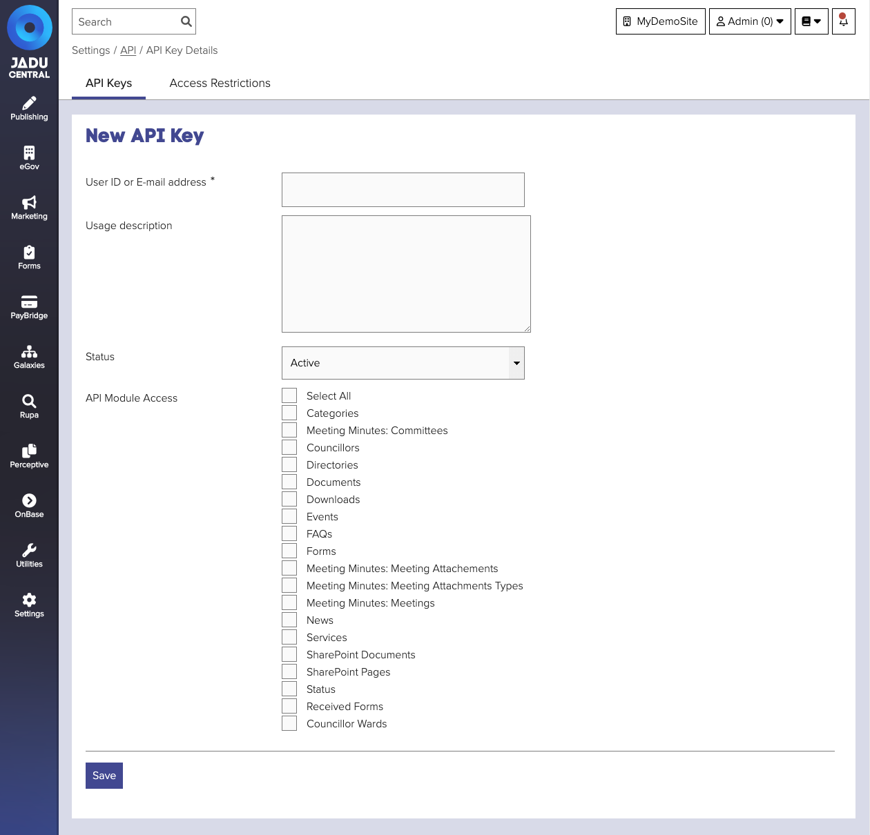 MyJadu API form interface