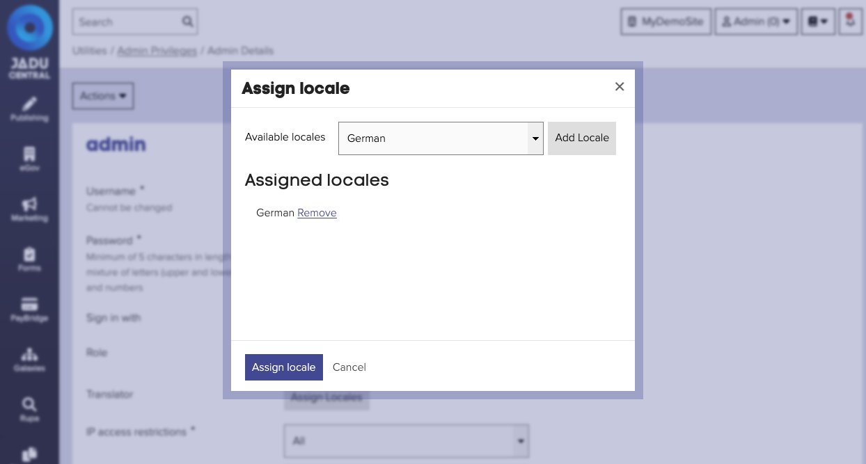 Assign locale panel