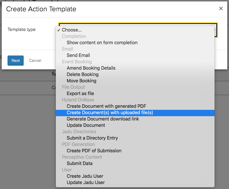 Selecting the &quot;Create Document(s) with uploaded file(s)&quot; action