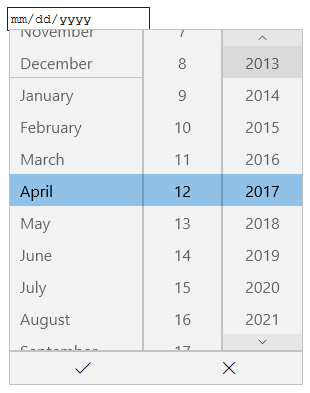 A textbox containing “mm/dd/yyyy”, but when interacted with, opens a tri-column date selector.