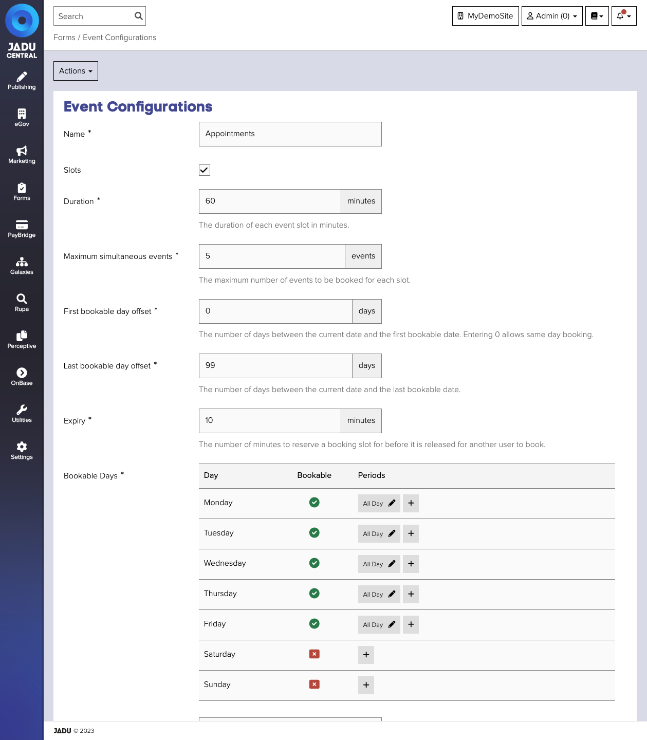 Event booking configuration details view