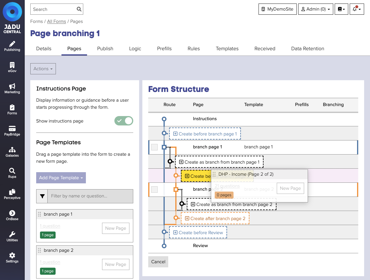 Drag a page into form structure