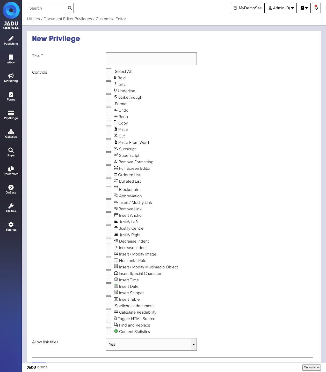 Document Editor Privileges form