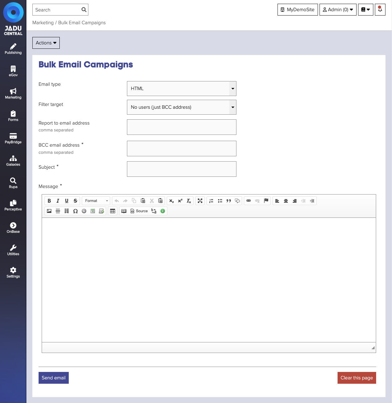 Bulk email form interface