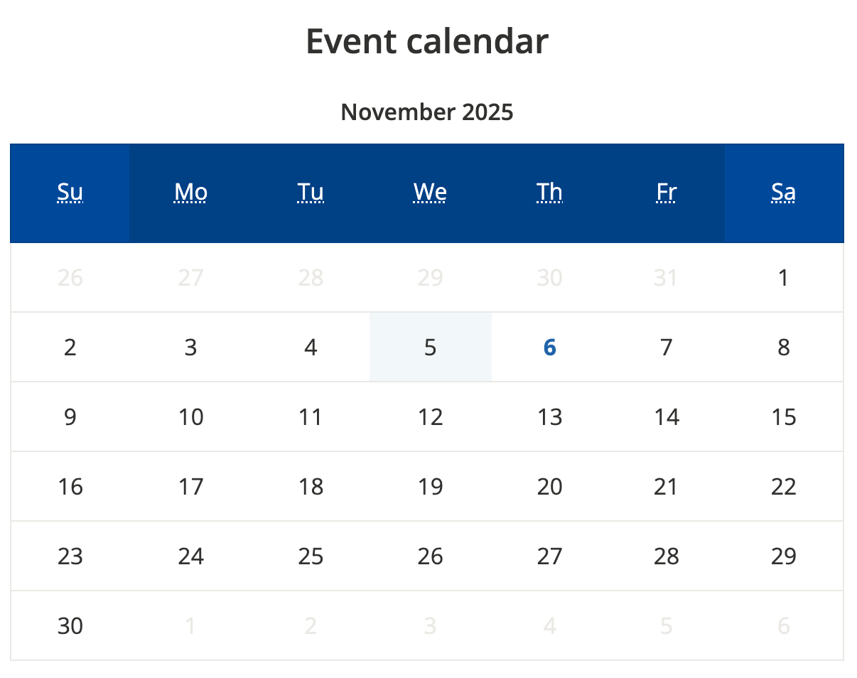 Events calendar front end search screenshot