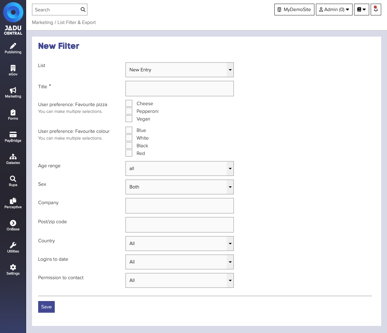 List filter form interface