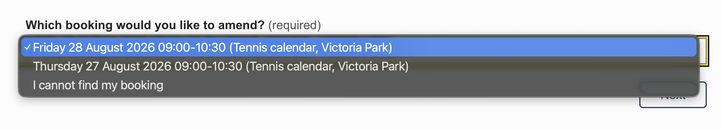 Screenshot of the user bookings widget result