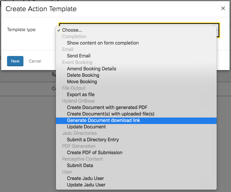 Selecting the &quot;Generate Document download link&quot; action