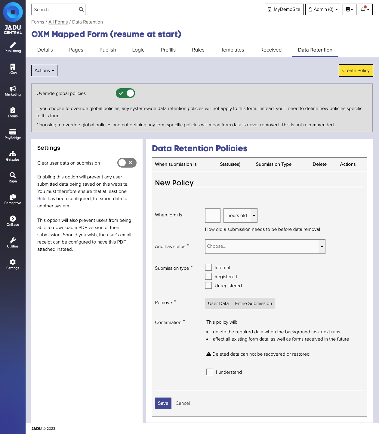 Form-specific policies interface