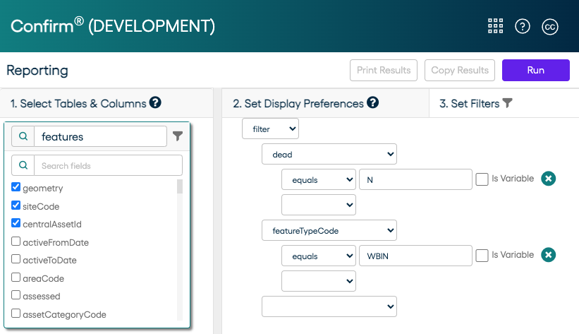 Selecting features in Confirm Web Reporting interface