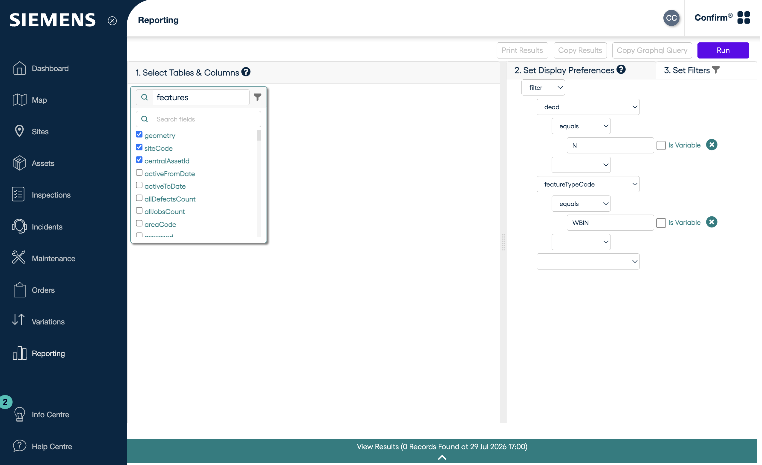 Selecting features in Confirm Web Reporting interface