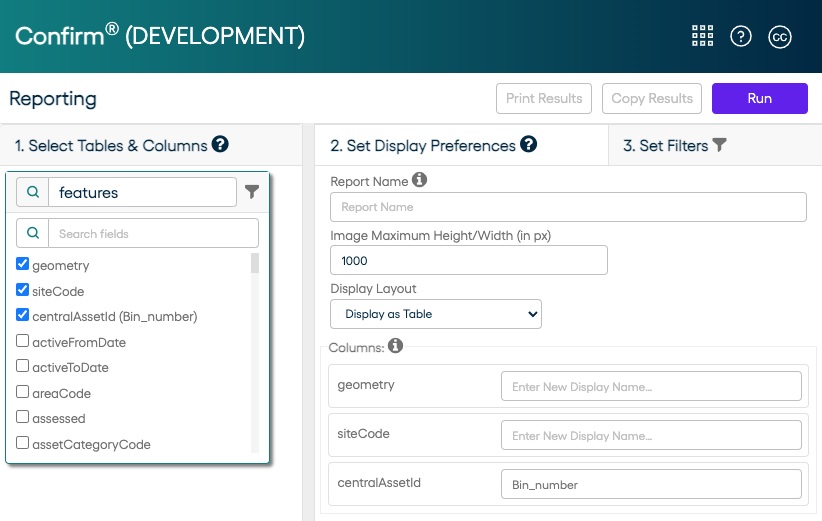 Defining column aliases in Confirm Web Reporting interface