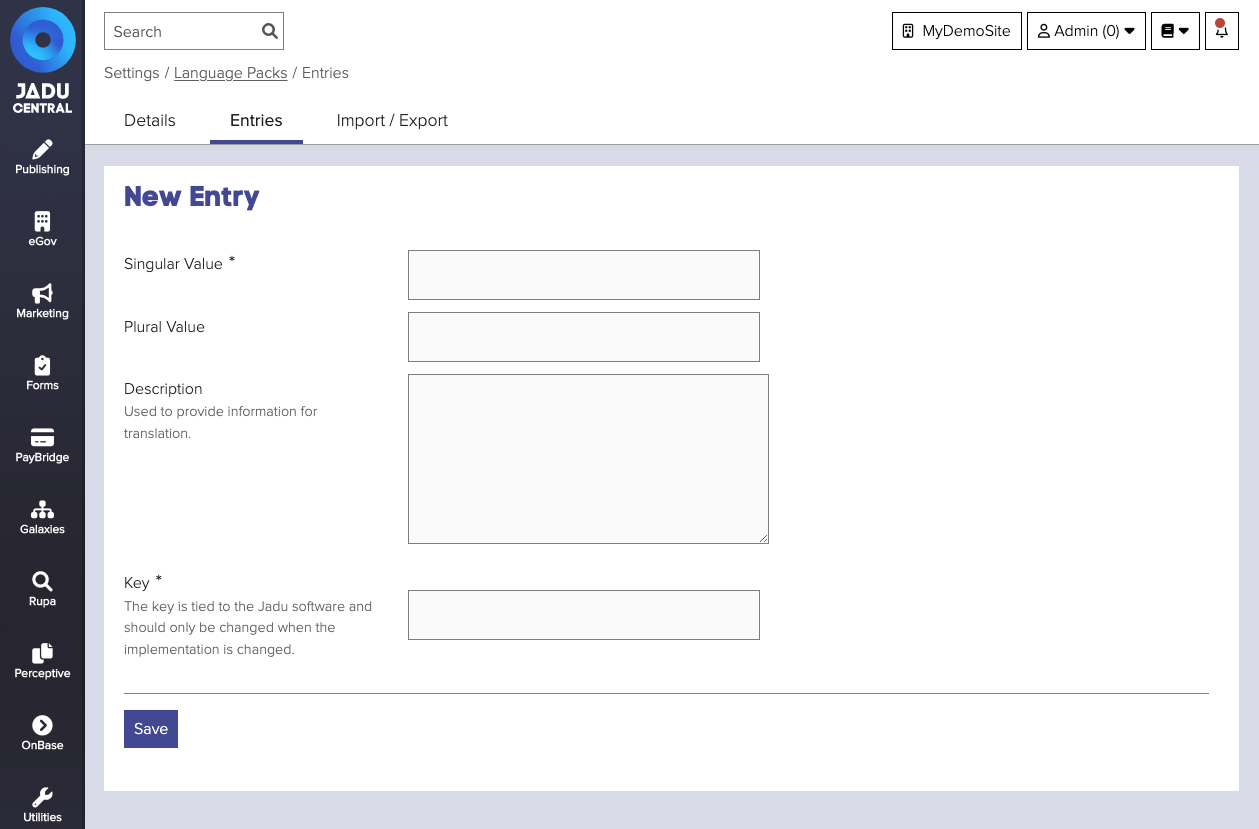 Language pack entry form