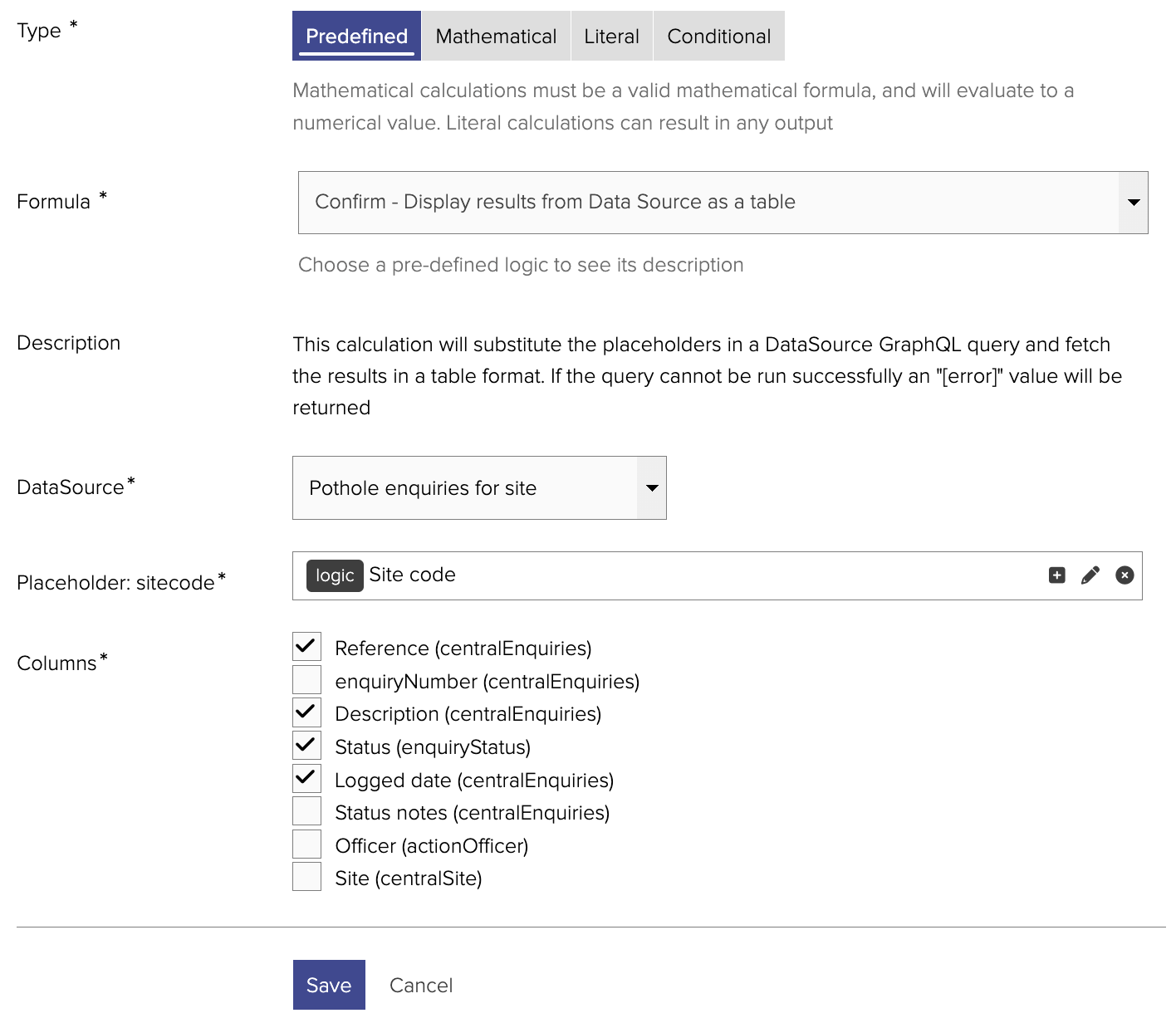 Display results from Data Source as a table Form Logic