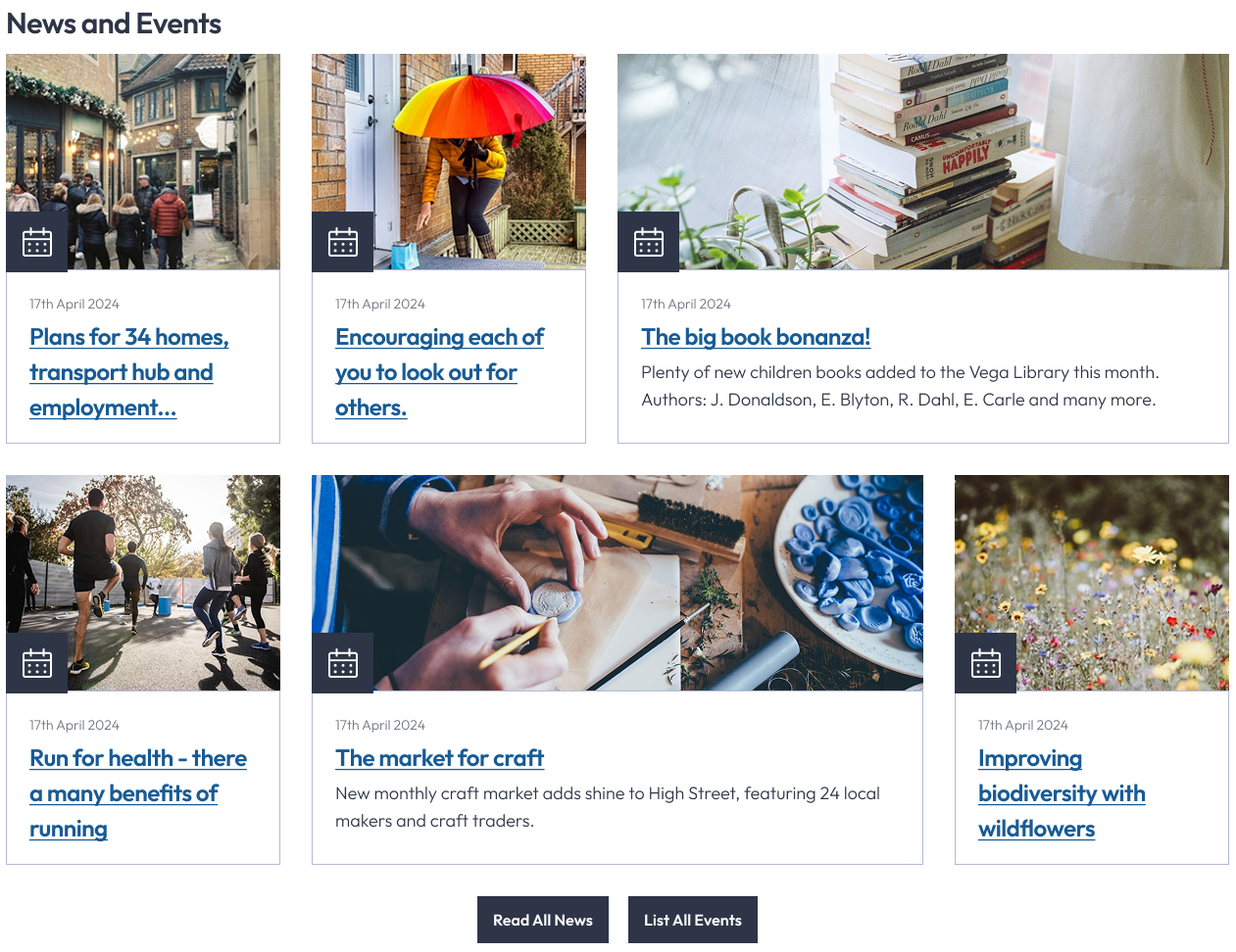 News and events front end screenshot