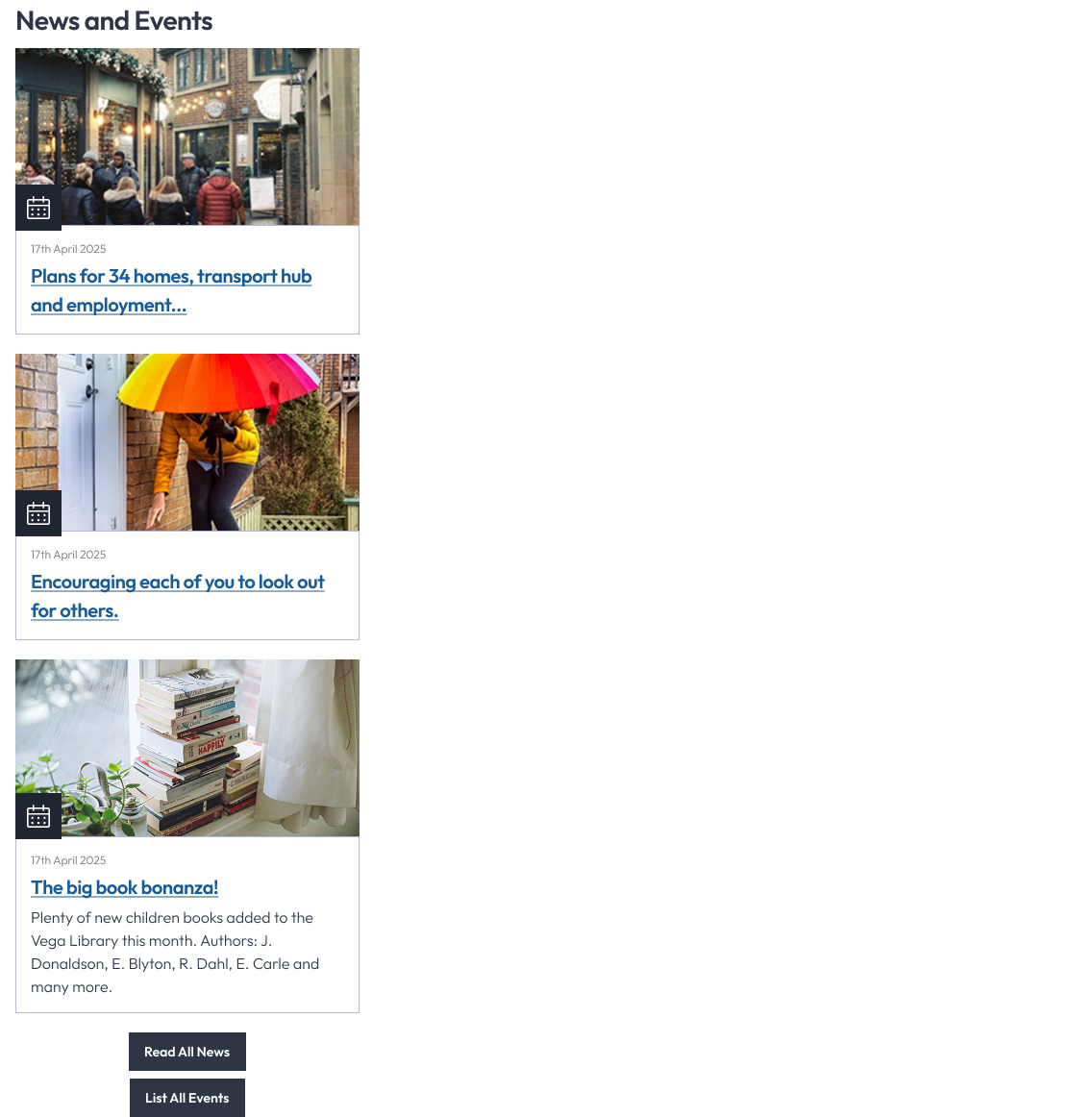 News and events front end responsive screenshot