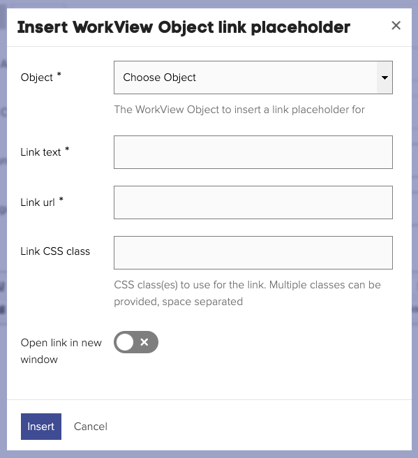 Inserting an Object link placeholder in the WorkView Object details widget