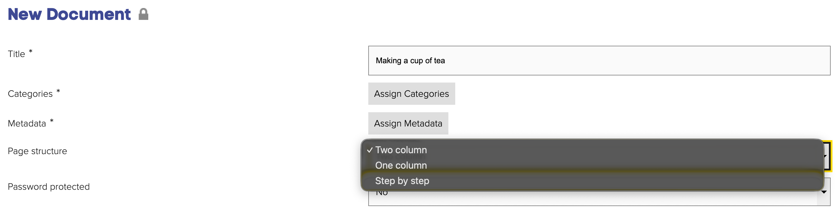 Page structure choices screenshot