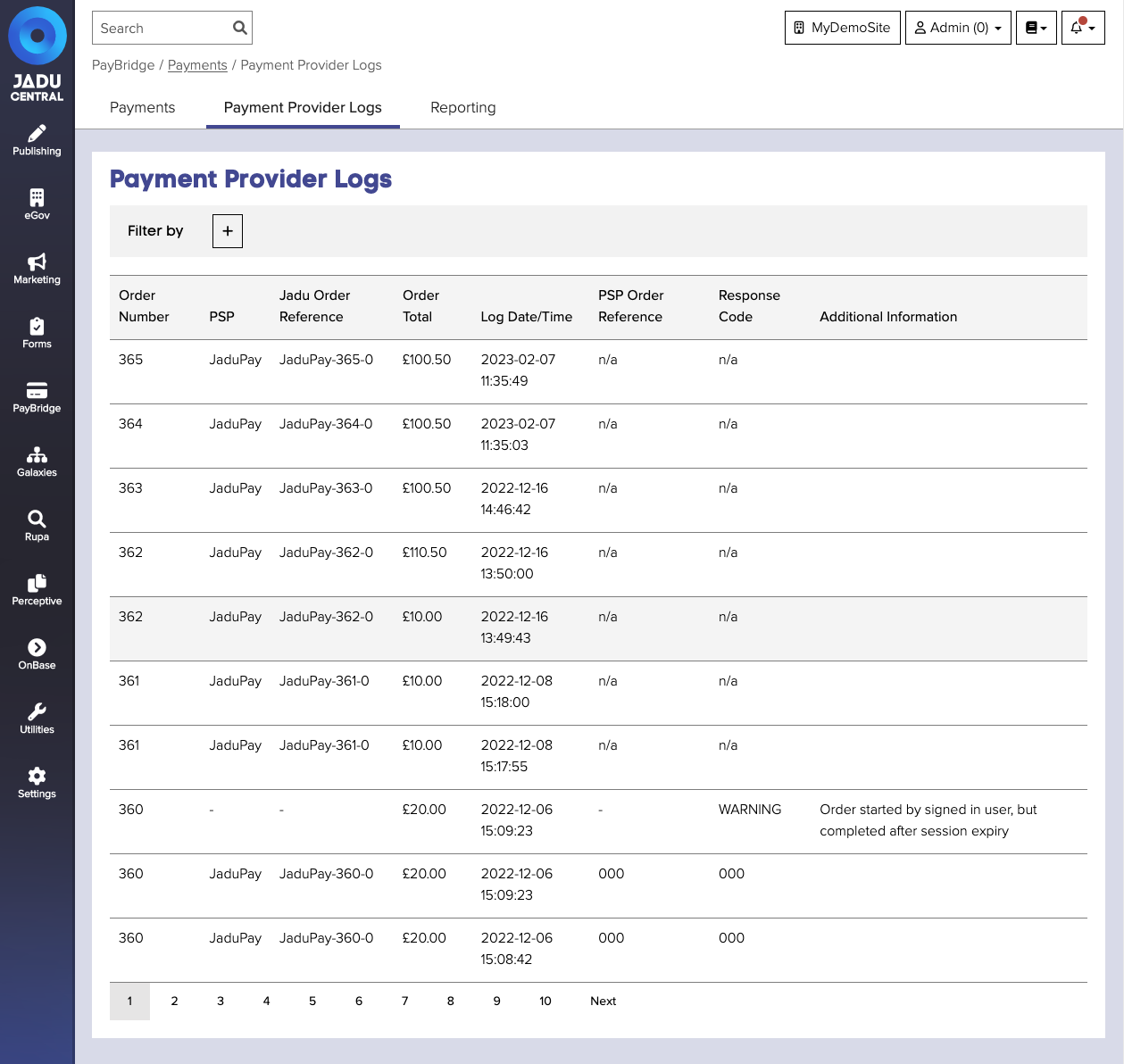 Payment Provider Logs Interface