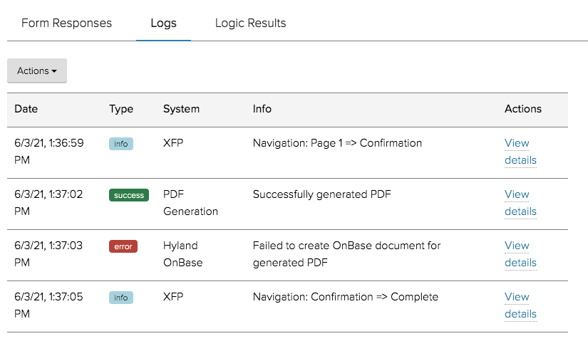 Received Forms action logs