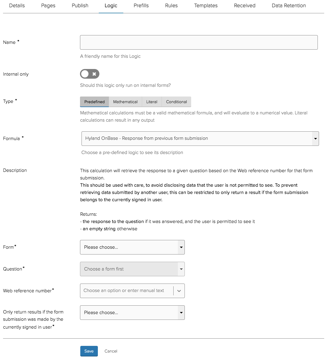 Configuring a &quot;Response from previous form submission&quot; Form Logic