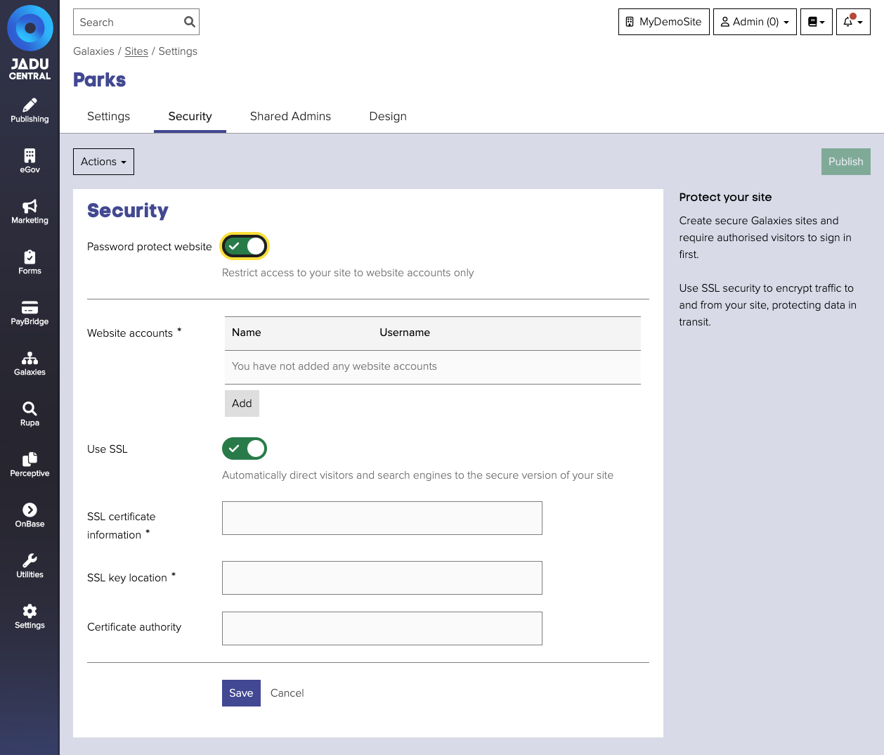 Galaxies site security form interface