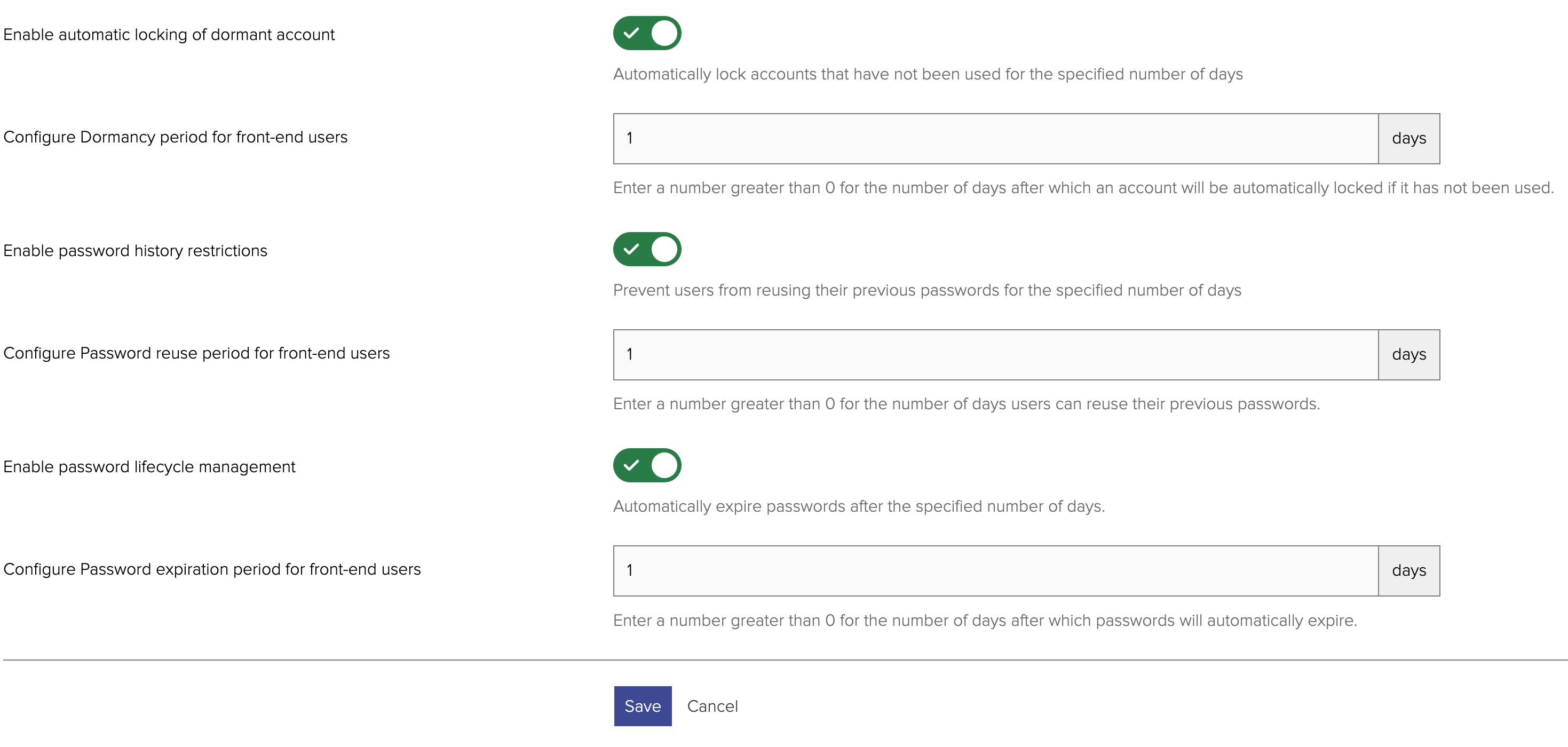 Security settings screenshot