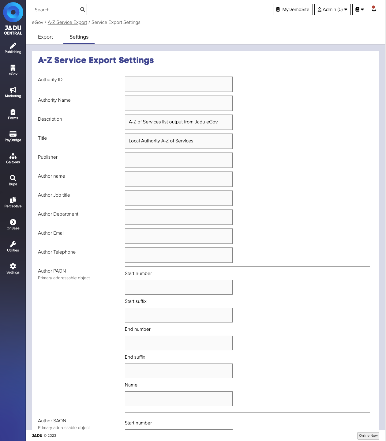 A to Z services export settings