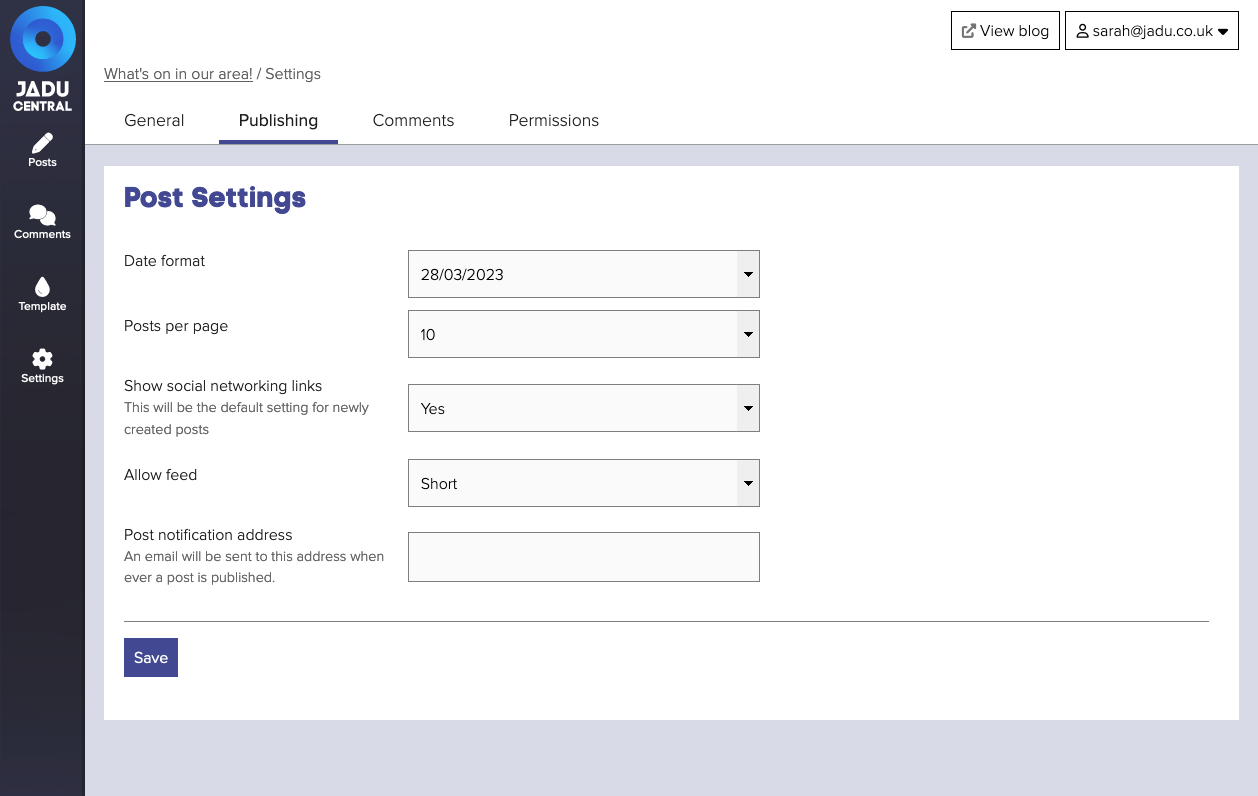 Publishing settings form