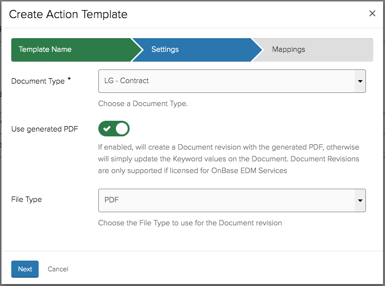 Configuring the &quot;Update Document&quot; template to revise Document