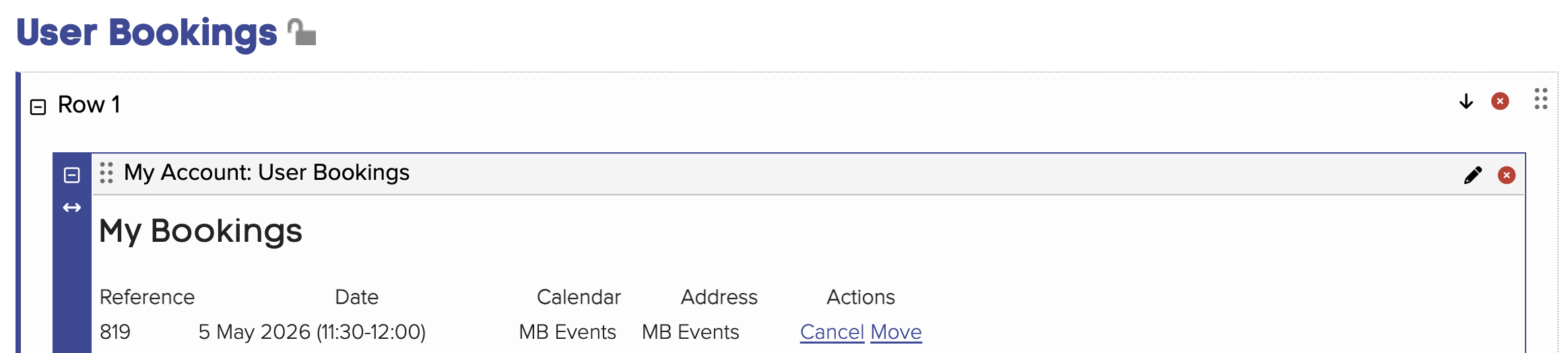 Screenshot of the user bookings widget result