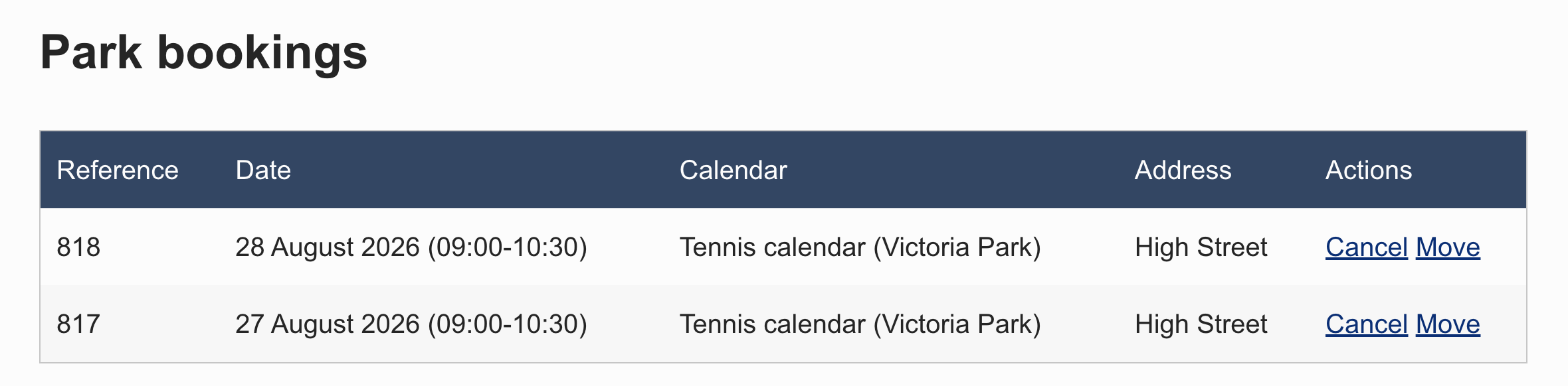 Screenshot of the user bookings widget result