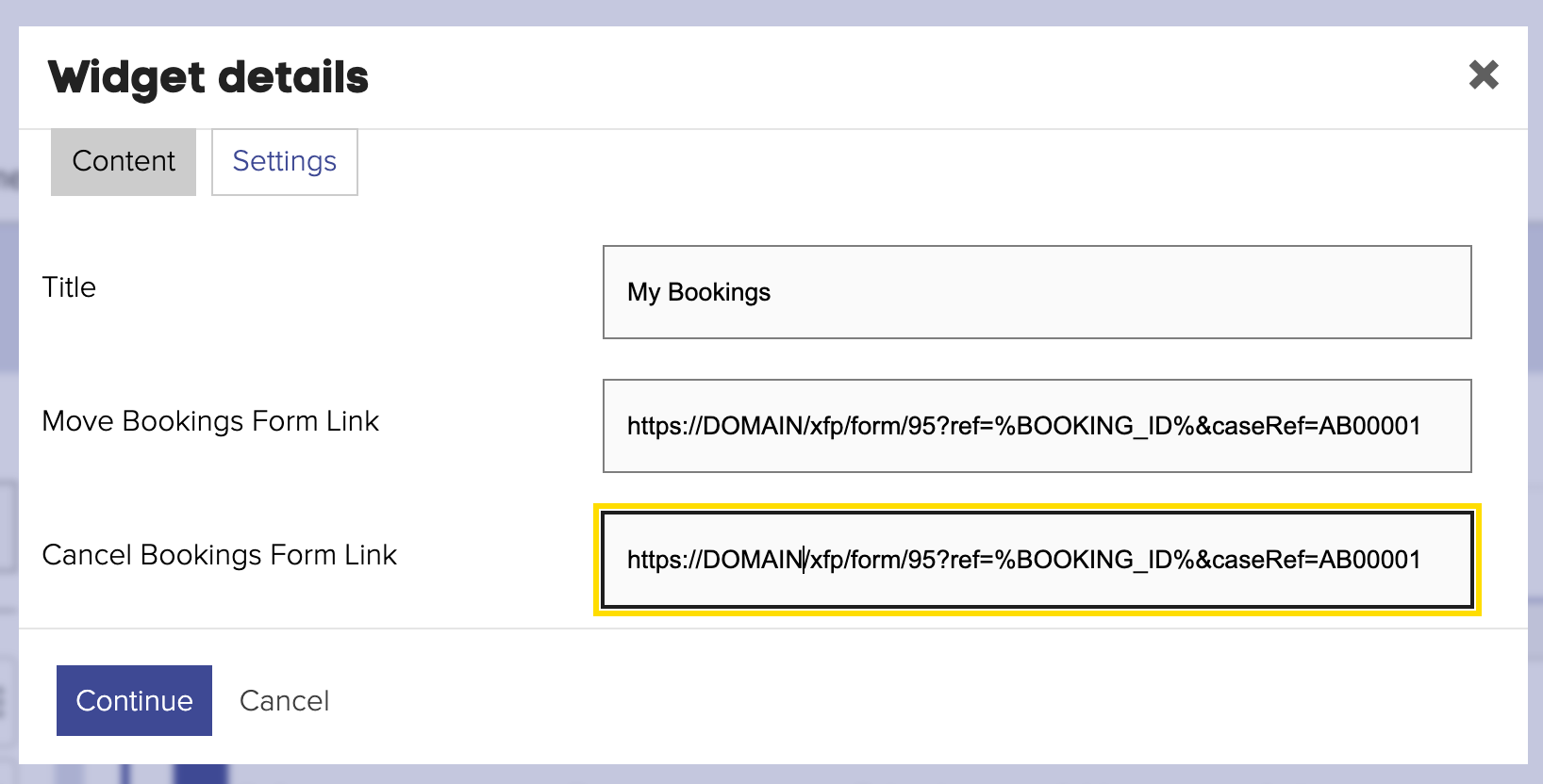 Screenshot of the user bookings widget settings