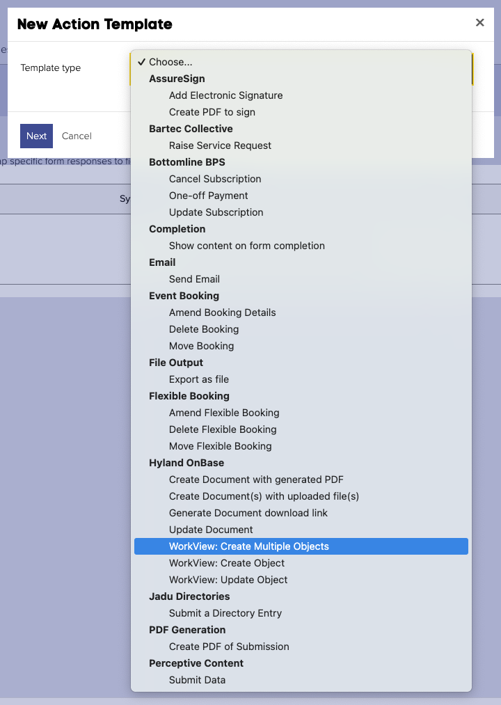 Selecting the "WorkView: Create Multiple Objects" action