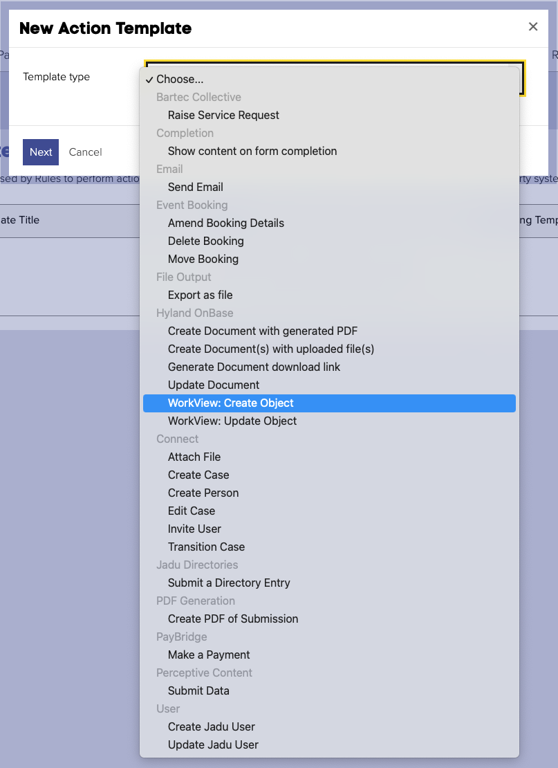 Selecting the &quot;WorkView: Create Object&quot; action