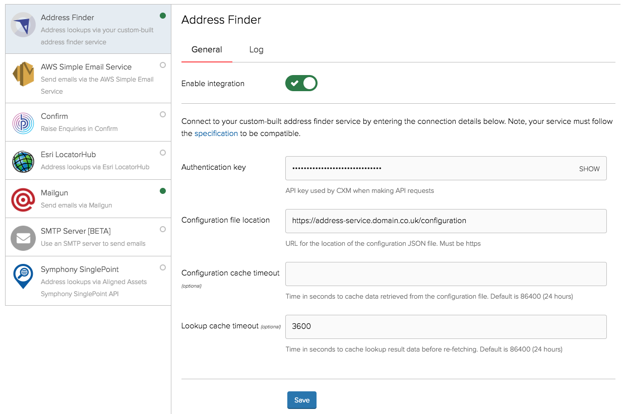 Address Finder configuration